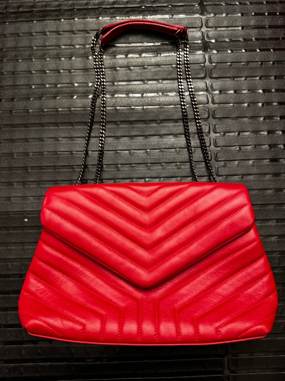 NWT Maison Heritage Paris Quilted Chevron Red Shoulder Bag with Chain Strap